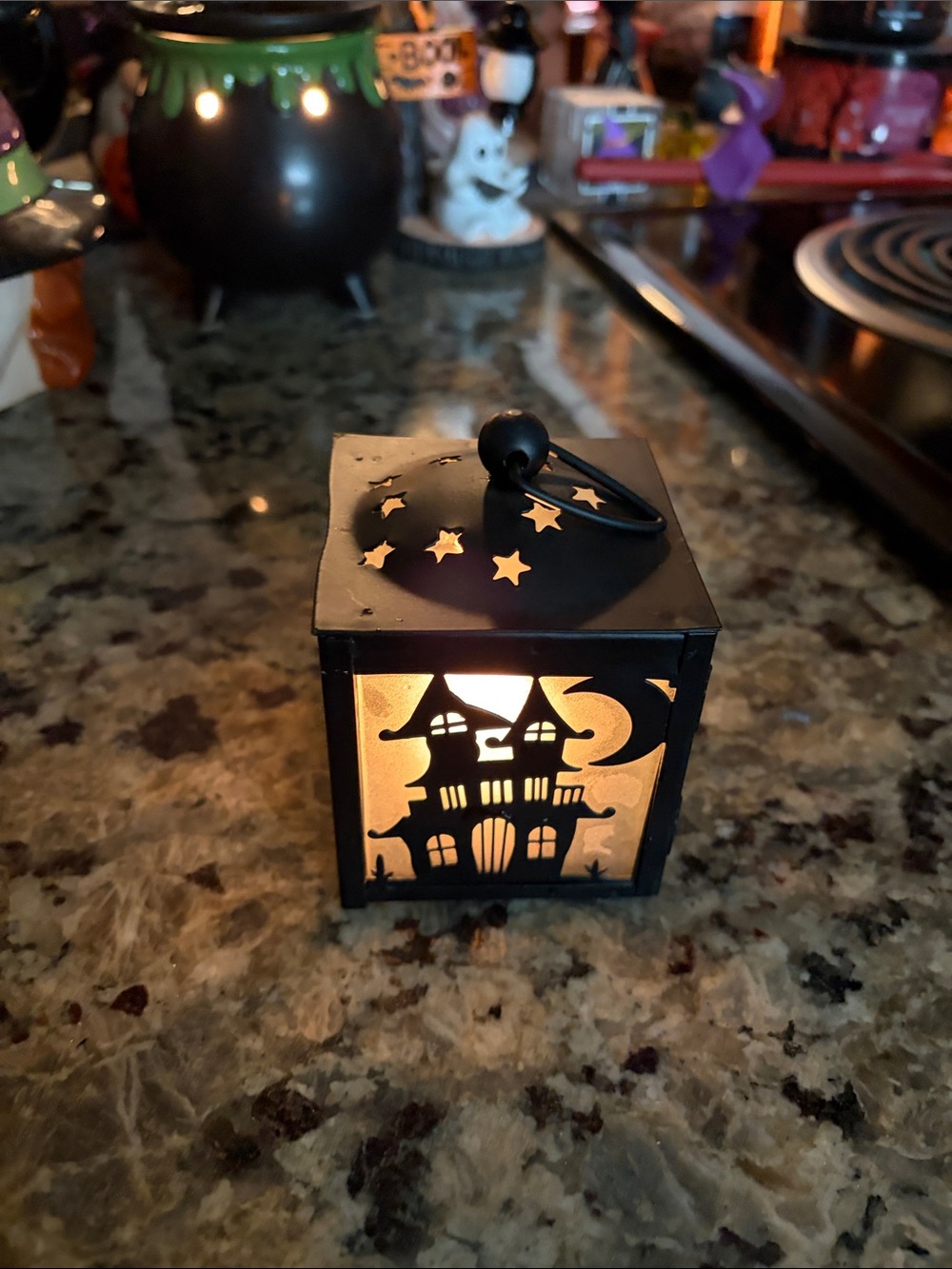 Black Haunted House Tea Light Lantern - Halloween Accent